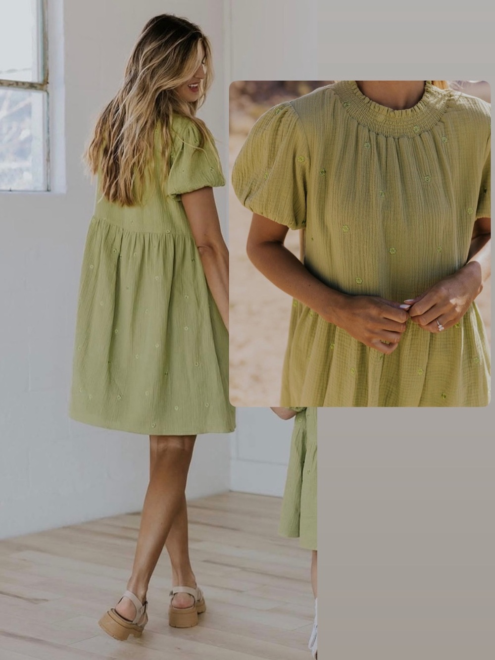 NWT Roolee Gauze Pasquale Floral Embroidered Light Green Smocked Neck Dres